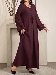 Al Najma Đầm Maxi vải lanh thắt nơ thanh lịch, rộng rãi, thoải mái dành cho nữ - Màu Đỏ Sâu - Xem 4