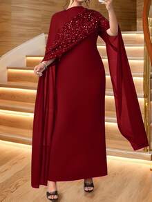 SHEIN Lady 大码女式亮片拼接长袖高开衩优雅连衣裙 - 酒紅色 - 查看 3