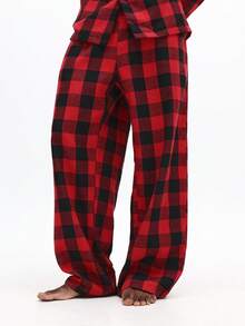 SUMWON Plaid Flannel Loungewear Pajama Set With Button Up Shirt And Matching Pants For Cozy Winter Nights - Red - View 4