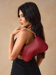 SHEIN SXY حقيبة يد للسيدات، لون أحمر، مصنوعة من جلد PU مزخرف بنسيج مبروز، مزينة بإبزيم معدني، حقيبة نسيجية، حقيبة كلاريت، أنيقة وبسيطة وشخصية وعملية، مناسبة للذهاب إلى العمل والمواعيد والتسوق وشرب الشاي بالعصر - عنابي اللون - مشاهدة 2