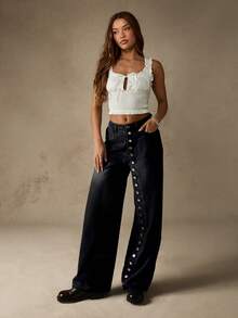 MISSGUIDED 宽腿前扣宽松牛仔裤，侧面纽扣细节，打造休闲街头风格 - 黑色 - 查看 3