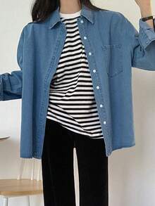 DAZY Women's Solid Color Loose Turndown Collar Denim Blouse, Spring/Autumn Long Sleeve Women - Blue - View 5