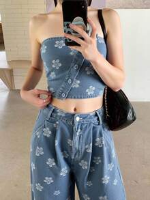 DAZY 女士花卉印花抹胸和直筒宽松裤度假风休闲牛仔套装 - 淺色水洗藍 - 查看 3