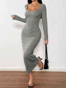 SHEIN PETITE Vestido negro de manga larga, cuello cuadrado y ajustado, para usar en otoño - Gris - Ver 6