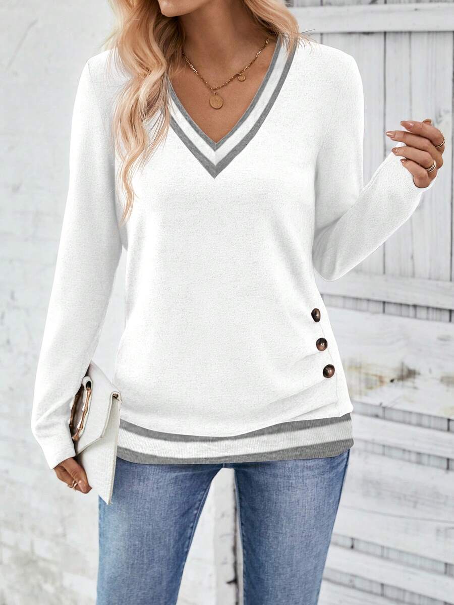 SHEIN LUNE Women's Striped V-Neck Long Sleeve Pleated Button Design Casual T-Shirt - Multicolor - View 1