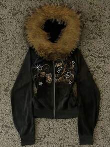 Glimmora 女式复古短款毛领连帽运动衫 - 黑色 - 查看 1