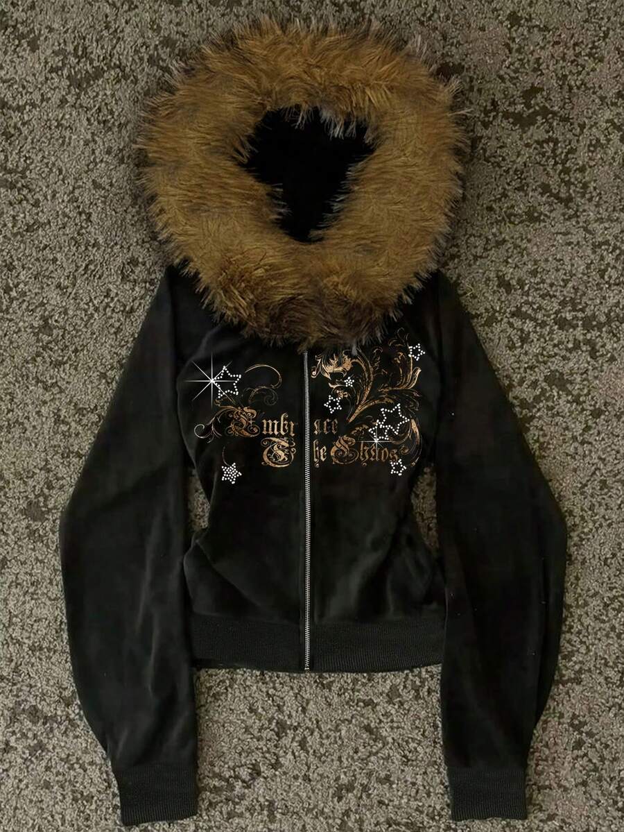 Glimmora Sudadera con capucha y cuello de piel corto retro para mujer - Negro - Ver 1