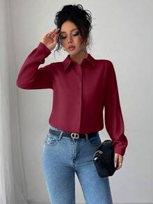 Elenzga Plain Front Button Long Sleeve Casual Versatile Shirt - Burgundy - View 3