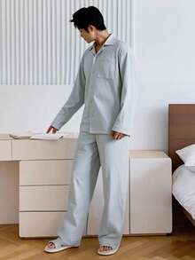 DAZY 男士绿色弹力腰带睡衣套装，含衬衫和裤子，适合秋季、秋冬季穿着 - 綠色 - 查看 5