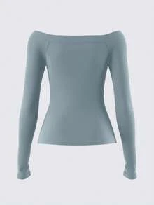 SHEIN BASICS 休閒純色針織露肩長袖修身版型女款上衣 - 藍色 - 查看 3