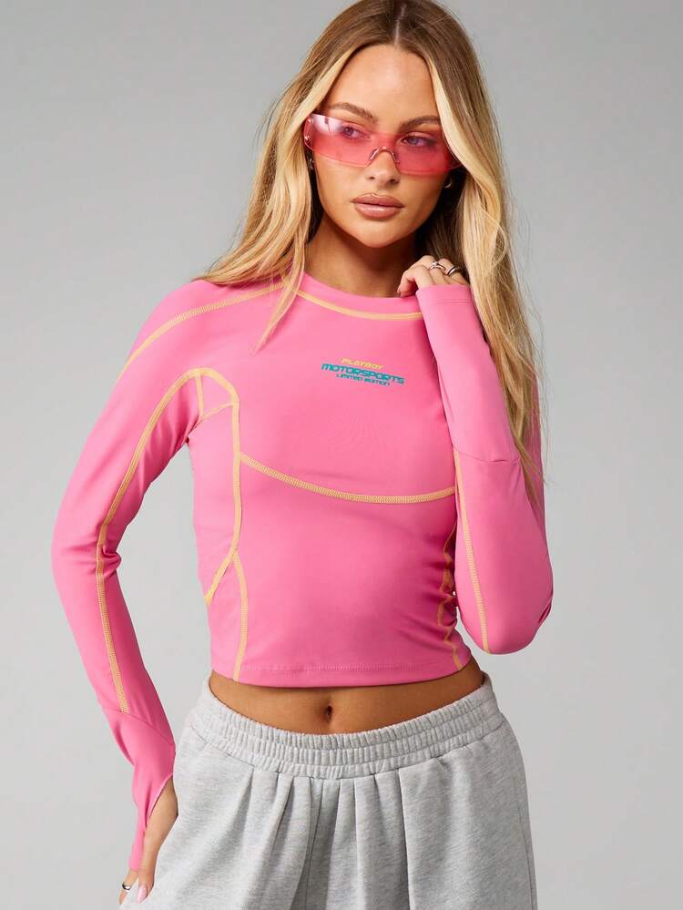Missguided x Playboy Motorsports Limited Edition Long Sleeve Crop Top Performance Compression Base Layer High Neck Activewear Training Athletic Top