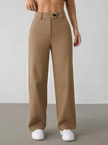 SHEIN PETITE 女式休闲纯色直筒裤 - 棕色 - 查看 4