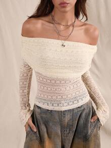 Easelle Vintage Boho Sexy Casual Off-Shoulder Fitted Sexy Elegant Flare Sleeve Women Top Lace Old Money - Apricot - View 4