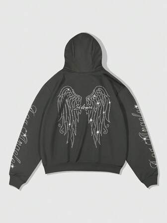 Goth Men's Casual Wing & Letter Print Hoodie Sweatshirt, Autumn/Winter