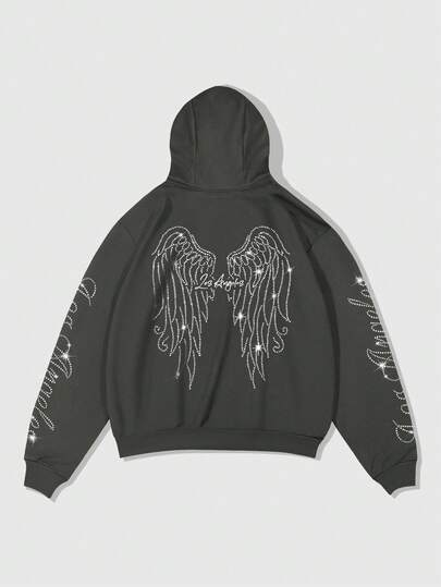 ROMWE MEN Street Life Sudadera con capucha con cremallera, estampado de alas y letras, casual para hombre, manga larga, otoño/invierno
