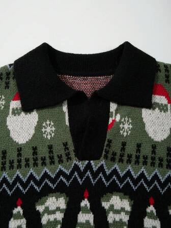 Street Life Pull ample en tricot à col V avec motif de Noël contrasté pour hommes, style décontracté, épaules tombantes, automne/hiver