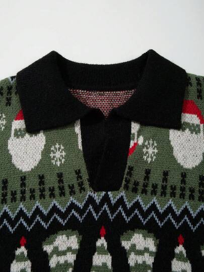 Street Life كنزة صوفية كنزة رجالية كاجوال بنمط كامل متباين الياقة على شكل حرف V مع كتف منخفض فضفاضة، خريف/شتاء