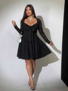 Viva Relle Plus Size Women Elegant Sexy Lace Patchwork Tie-Up Design Long Sleeve Dress, Suitable For Autumn, Elegant Dresses For Women,Valentine's Day - Black - View 5