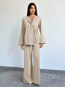 SHEIN Tall Women Autumn And Summer Elegant Leisure Vacation Commuting Office Old Money Lapel Waist Tie Loose Linen Shirt Jacket And High Waist Casual Trousers Khaki Two Pieces Suit Outfits,Graduation,Teacher Outfits For Women,Back To School, Fall Women Clothes, Old Money, Office Outfits - Khaki - View 3