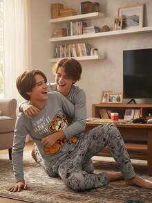 2 件套男童灰色虎纹针织面料舒适柔软长袖上衣和裤子休闲家居服套装 - 灰色 - 查看 4