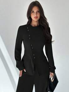 Firerie 女士优雅通勤日常百搭街头时尚新款不对称翻领纽扣腰长袖西装外套和高腰长裤卡其灰色两件套西装套装秋冬女装 - 黑色 - 查看 7