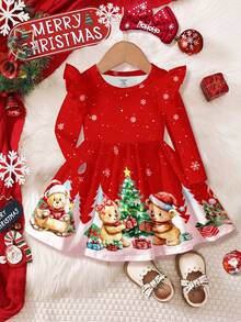 SHEIN Happikins Christmas Series, Red Christmas, Cute Cartoon Christmas Sleigh Bear Illustration & Snowflake Pattern Print, Young Girl Casual Elegant Sweet Fashion Flare Sleeve Long Sleeve Christmas Dress, Suitable For Autumn/Winter Daily Wear, Christmas Party, Photo Shoot, Home