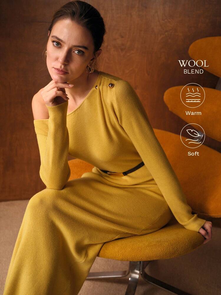 CHIC ASYMMETRICAL NECK METAL BUCKLE DECOR LONG SLEEVE SWEATER DRESS, AUTUMN/WINTER