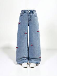 SHEIN Explorewe Tween Girls Y2K 时尚水洗蓝色水钻樱桃图案牛仔裤，阔腿休闲牛仔裤，适合城市漫步、日常时尚、OOTD、外出、上学、通勤、派对，2025 年秋季新品 - 中等水洗藍 - 查看 1