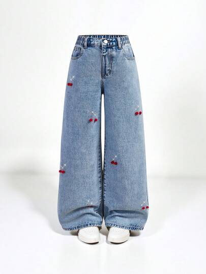SHEIN Explorewe Tween Girls Y2K 时尚水洗蓝色水钻樱桃图案牛仔裤，阔腿休闲牛仔裤，适合城市漫步、日常时尚、OOTD、外出、上学、通勤、派对，2025 年秋季新品