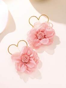 Enchnt 1 Cặp Bông tai vải hình trái tim rỗng và hoa dành cho nữ - Màu Hồng baby - Xem 3