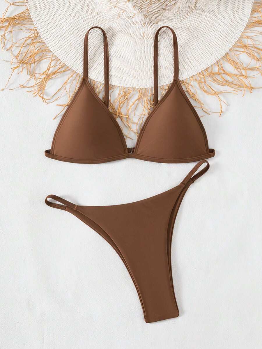 Swim Vcay Women's Solid Color Sexy Low-Waist Triangle Cup Bikini Swimwear Set - Brown - View 1