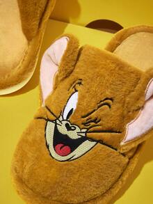 TOM & JERRY X SHEIN Dép đi trong nhà chống trượt họa tiết hoạt hình thêu 3D thời trang cho bé gái, chất liệu vải nhung mềm mại, ấm áp, đế bền, phòng ngủ, phòng máy lạnh, mùa xuân thu, phù hợp cho cả nam và nữ, màu nâu nhạt - màu nâu - Xem 3