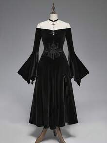 ROMWE Gothic Style Off-Shoulder Cross Pendant Ruched Front High Slit Flare Sleeve Velvet Vintage Dress For Women - Black - View 1