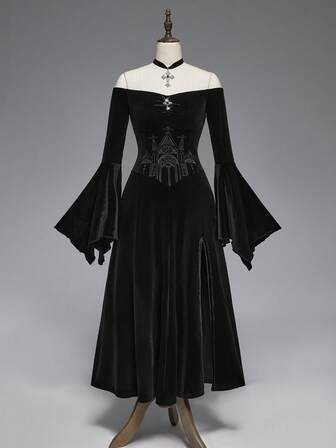 Gothic Style Off-Shoulder Cross Pendant Ruched Front High Slit Flare Sleeve Velvet Vintage Dress For Women