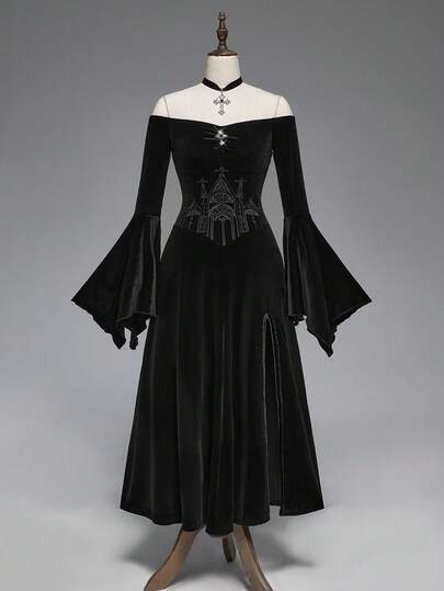 Gothic Style Off-Shoulder Cross Pendant Ruched Front High Slit Flare Sleeve Velvet Vintage Dress For Women