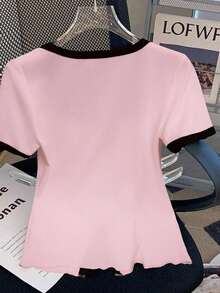 GlowEve CURVE 大码女式金属纽扣和亮片蝴蝶结装饰修身短袖圆领 T 恤，适合夏季度假 - 粉色 - 查看 2