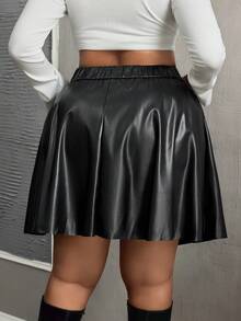 SHEIN PETITE CURVE 高腰PU皮革喇叭裙 - 黑色 - 查看 2