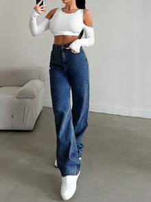 EURMUSE 100%Cotton Straight Leg Jeans Snow Wash - Royal Blue - View 4