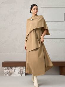 Heiryn 2 Stücke Damen Set aus einfarbigem Kleid mit Stehkragen und ärmellos mit Rüschensaum und Überwurf