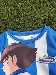 Captain Tsubasa X SHEIN 小男孩超大卡通图案圆领长袖针织运动衫，街头户外 - 藍色 - 查看 4