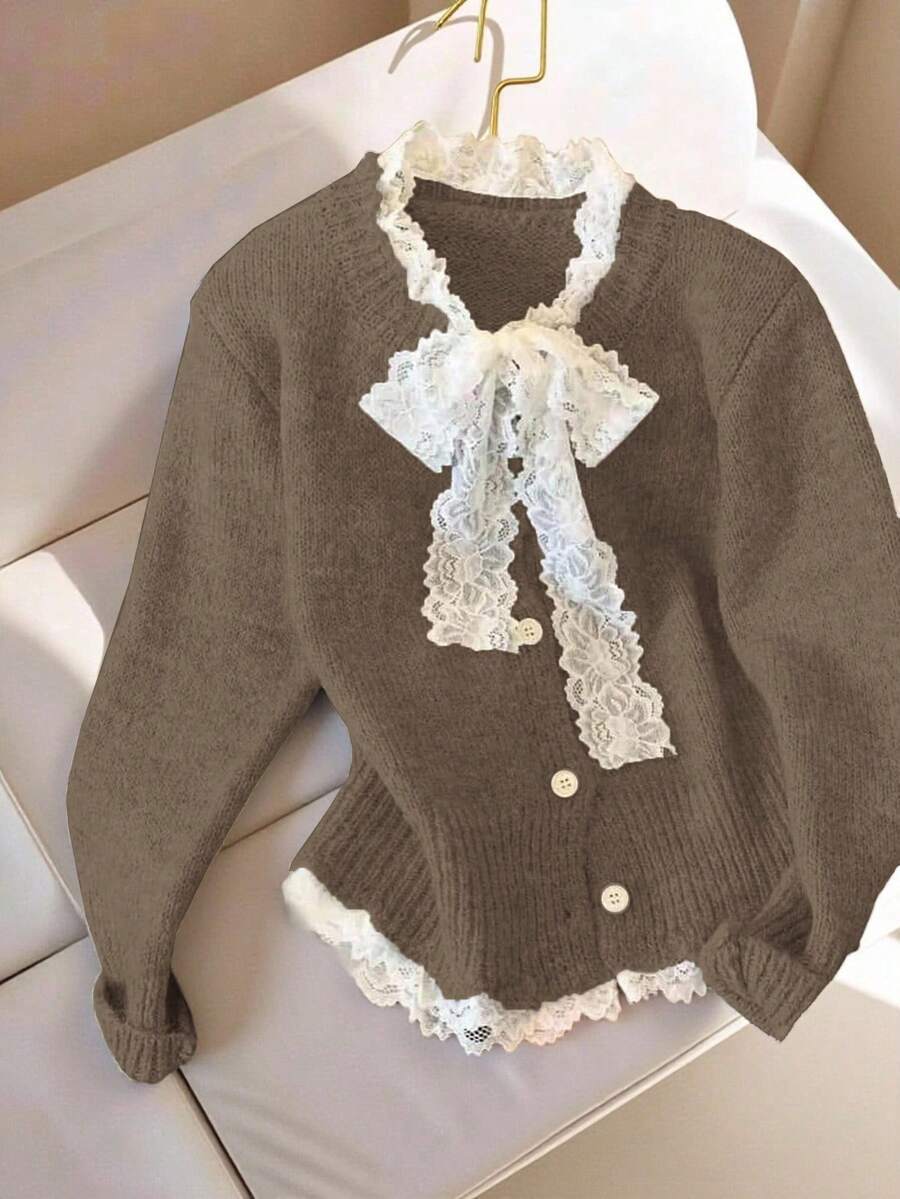 Franclia Elegante cárdigan de punto holgado con cordones, inspirado en el estilo de blogger, elegante estilo europeo - Marrón Mocha - Ver 1