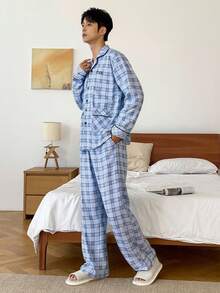 DAZY 男士秋季格子衬衫字母刺绣睡衣套装，含睡裤，秋冬服装 - 彩色 - 查看 5