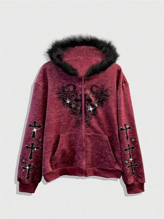 Goth Sudadera con capucha de felpa con patrón de cruz de rhinestone, moda callejera de otoño para hombres