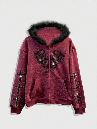 Goth Sudadera con capucha de felpa con patrón de cruz de rhinestone, moda callejera de otoño para hombres
