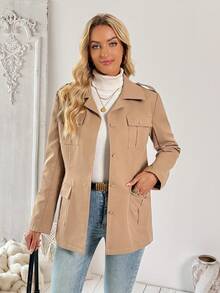 EMERY ROSE Women's Solid Color Long Sleeve Metal Single-Breasted Pocket Casual Jacket, Autumn - Khaki - View 6
