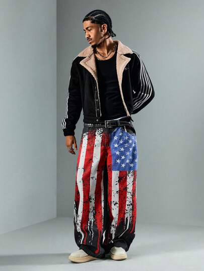 Street Life Men's Flag Print Curved Blade Jeans