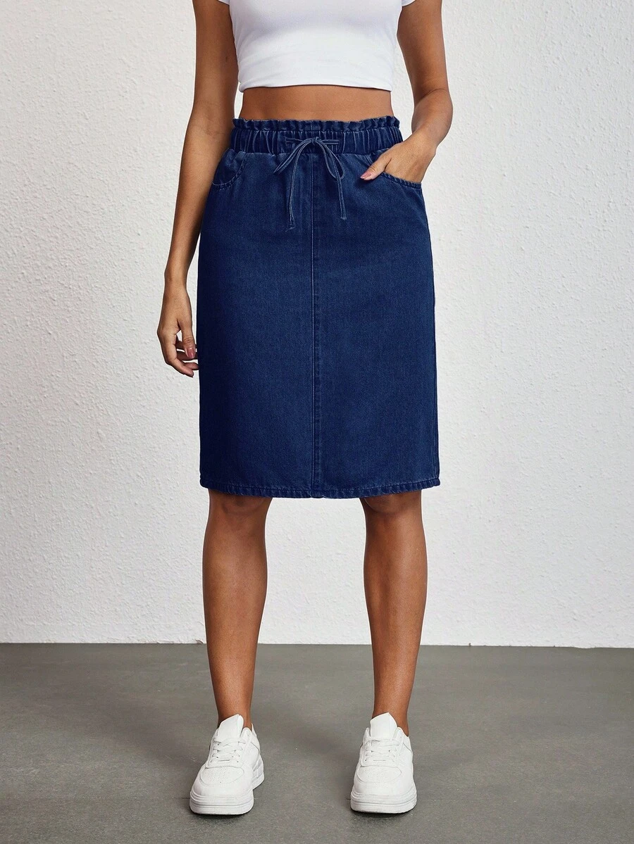 SHEIN Tall Women's Solid Color Elastic Waist Drawstring Casual Versatile Denim Skirt - Dark Wash - View 1