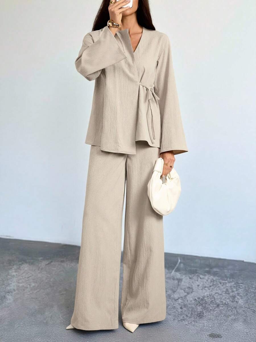 SHEIN Tall Women Autumn And Summer Elegant Leisure Vacation Commuting Office Old Money Lapel Waist Tie Loose Linen Shirt Jacket And High Waist Casual Trousers Khaki Two Pieces Suit Outfits,Graduation,Teacher Outfits For Women,Back To School, Fall Women Clothes, Old Money, Office Outfits - Khaki - View 1
