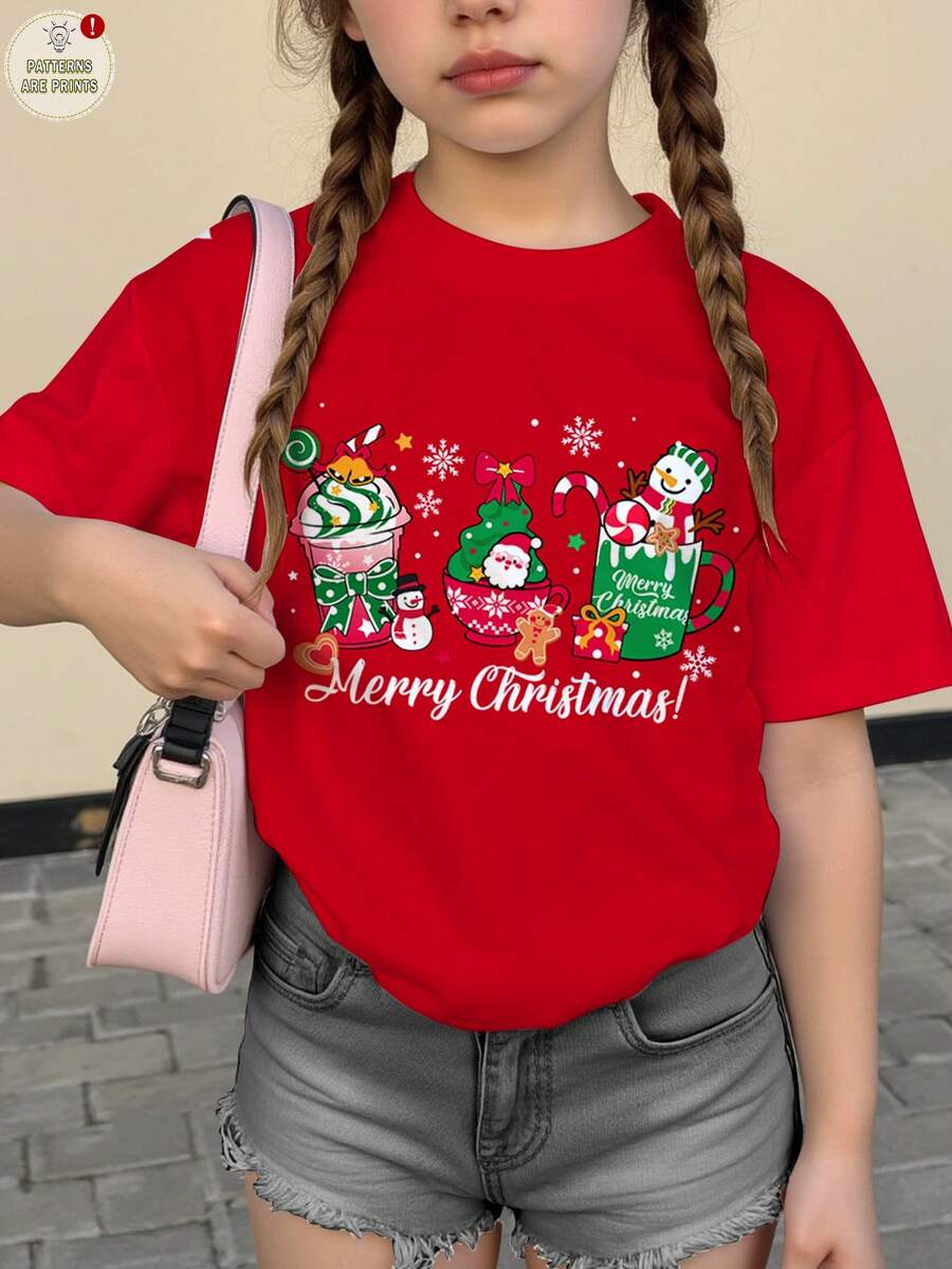 Cute & Fun Cartoon Christmas Reindeer, Gingerbread Man, Snowman Drink Cup, Mini Christmas Snowflake Pattern, Tween Girls Casual Minimalist Short Sleeve Round Neck T-Shirt, Suitable For Summer Kids Red Graphic Tees Christmas Red Graphic Tees Red Tops For Teen Girls Kids Clothes Girls Red - Multicolor - View 1