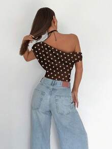 Siren Gaze 女士休闲优雅不对称褶饰短款上衣，适合夏季，适合日常穿着 - 棕色 - 查看 2